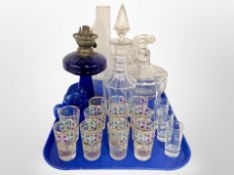 A group of enameled drinking glasses and further glassware to include decanters,