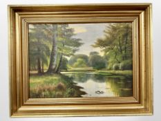 E Toft : A calm river through woodland, oil on canvas, 41cm x 29cm.