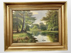 E Toft : A calm river through woodland, oil on canvas, 41cm x 29cm.