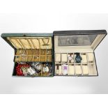 A modern jewellery box containing costume jewellery, gold plated necklaces etc,