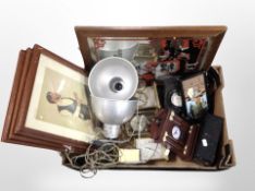A box containing picture mirror, Vanity Fair spy prints, contemporary mantel clocks, etc.
