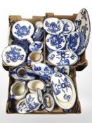 Three boxes containing a large quantity of Ironstone Staffordshire blue and white ceramics.