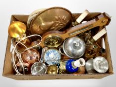 A box of teak barometer, metal wares, candlesticks,