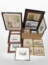 A box of antiquarian pictures and prints including 19th-century hand-coloured engravings of Durham,
