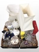 Two boxes containing contemporary lamp bases and shades, crystal, knife block, assorted ceramics,