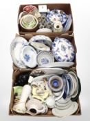 Three boxes of 20th century Danish ceramics including lamp base, blue and white dinner ware,