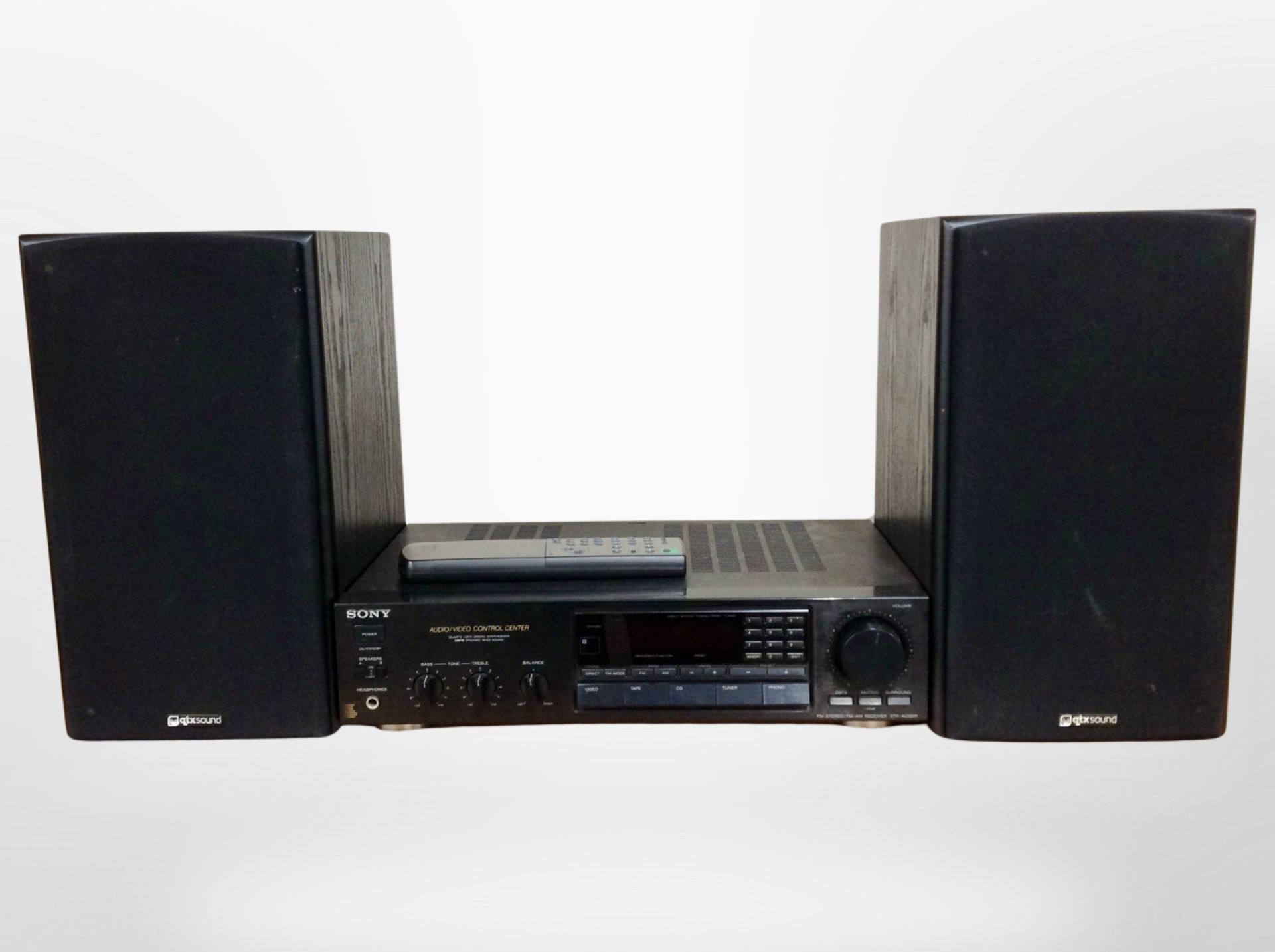 A Sony FM/AM receiver STR-AV320R with lead and remote (continental plug) together with pair of QTX