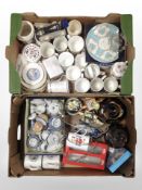 Two boxes containing Japanese export tea china, commemorative ceramics, collector's spoons,