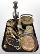 A group of metal wares including brass pricket candlestick, pestle and mortar, kettle, jelly mould,