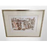Danish school, Figures in a square, colour print, signed in pencil, 49cm x 33cm, in frame and mount.