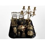 A group of brass wares including pair of miniature rocking chairs, table candelabrum, teapots,