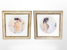 A pair of contemporary gilt-framed prints, semi-nude studies, each 86cm x 86cm overall.