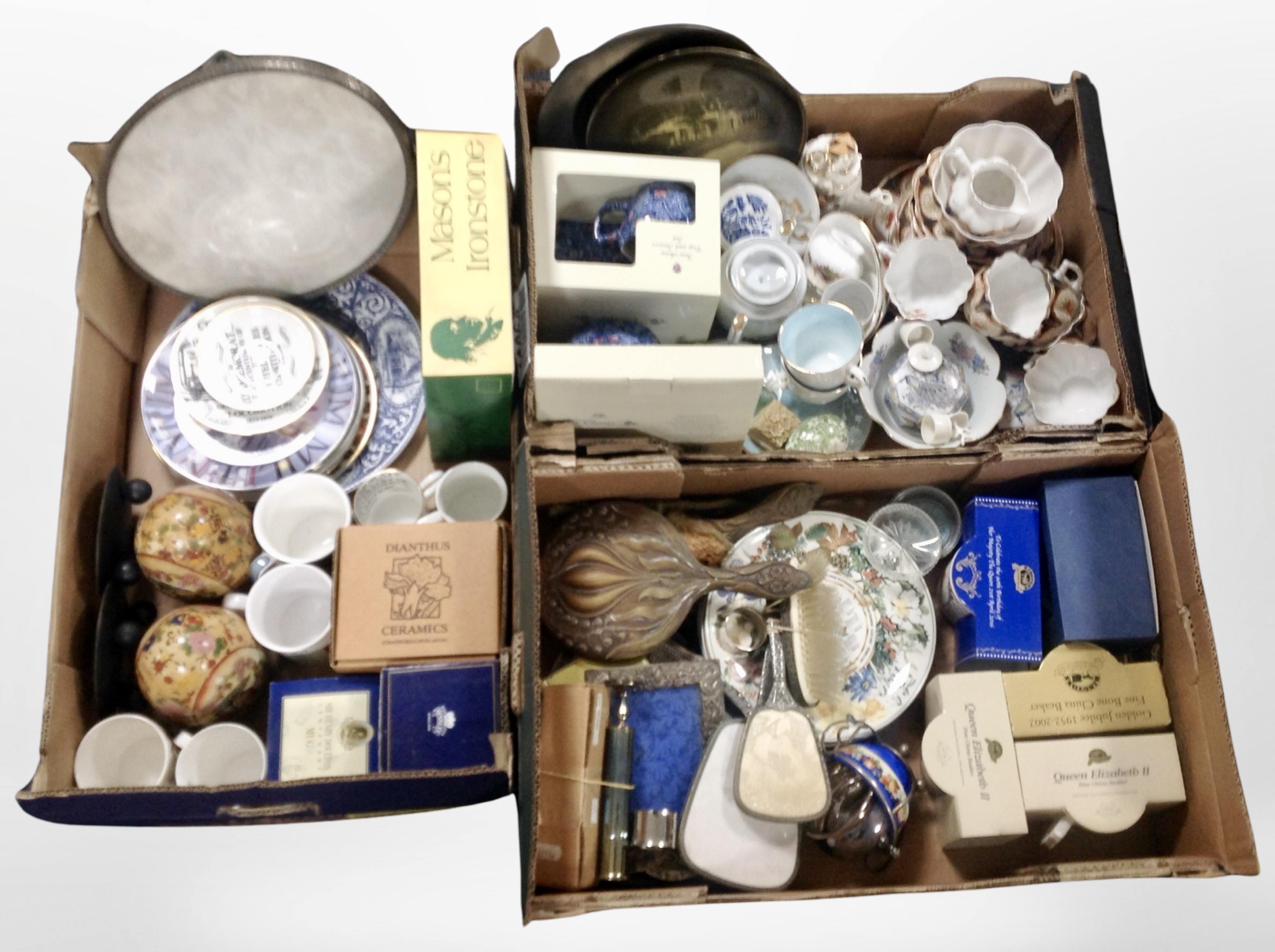 Three boxes containing assorted ceramics including Mason's, Aynsley, Rington's,