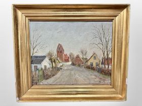 Danish school : Roadway to a town, oil on canvas, 33cm x 27cm.