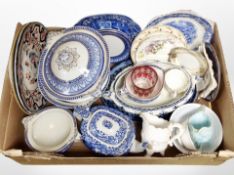 A box of blue and white Maling dinner wares, Imari plates,