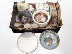 A box of assorted ceramics, Newhall lustre fruit bowl, Wedgwood dinner plates, tea china, etc.