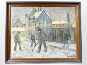 Danish school : Figures clearing snow in a street, oil on canvas, 47cm x 37cm, indistinctly signed.