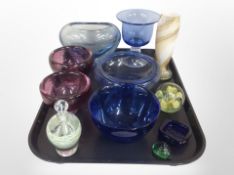 A group of 20th-century Danish studio glassware including paperweights, bowls, swirl-glass vase,