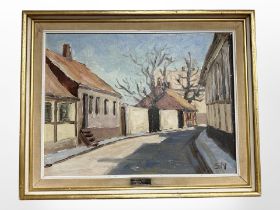 Danish school : Buildings in a village, oil on canvas, 48cm x 36cm.
