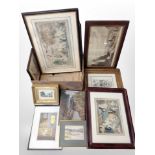 A box of antiquarian pictures and pints, un-framed oil on canvas of a waterfall,