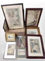 A box of antiquarian pictures and pints, un-framed oil on canvas of a waterfall,
