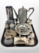 A group of antique silver plate and pewter wares including sifters, teapot, candlesticks,