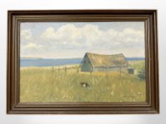 A Petersen : Thatched barn by a coast, oil on canvas, 47cm x 30cm.