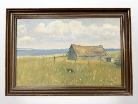 A Petersen : Thatched barn by a coast, oil on canvas, 47cm x 30cm.