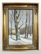 Danish school : Woodland in snow, oil on canvas, 32cm x 47cm.