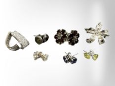 Six pairs of silver gem-set earrings, a silver pendant, and a quantity of costume jewellery.