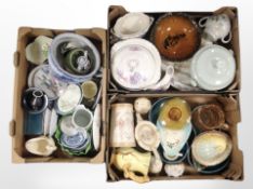 Three boxes containing assorted ceramics and glass wares, Carltonware leaf dishes,