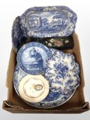 A box of 19th century papier maché glove box, blue and white ceramics,