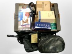 A box containing assorted perfumes and fragrances, leather bags, musical cigarette dispenser, etc.