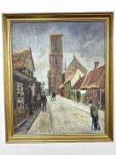 Danish school : Figures in a street, oil on canvas, 38cm x 46cm.