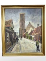 Danish school : Figures in a street, oil on canvas, 38cm x 46cm.