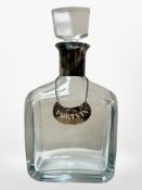 A Danish glass decanter with silver collar and silver Port Vin decanter label, height 23.5cm.