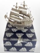 A silver-plated model of a galleon, height 17cm, in box.
