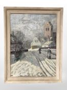 Danish school : Figures on a lane in snow, oil on canvas, 33cm x 45cm.