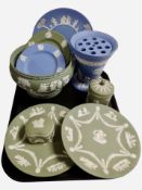 Nine pieces of Wedgwood green and blue Jasperware including flower vase, fruit bowl, etc.