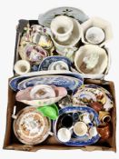 Two boxes of assorted ceramics including blue and white willow pattern meat plates, Ringtons bowl,