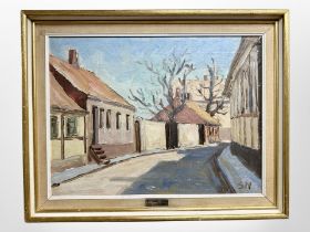 Danish school : A road through a village, oil on canvas, 48cm x 36cm.