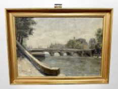 Danish school : Figures on a bridge, oil on canvas, 33cm x 23cm.