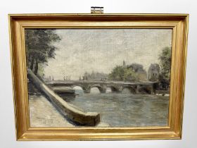 Danish school : Figures on a bridge, oil on canvas, 33cm x 23cm.