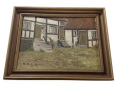 Danish School : A cobbled courtyard outside houses, oil on canvas,