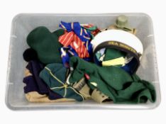 A box of Boy Scouts and Sea Scouts clothing and related items
