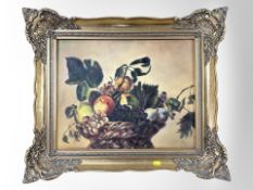 Continental school : Still life of fruit in wicker basket, oil on board, 38cm x 48cm, signed 'Anna'.