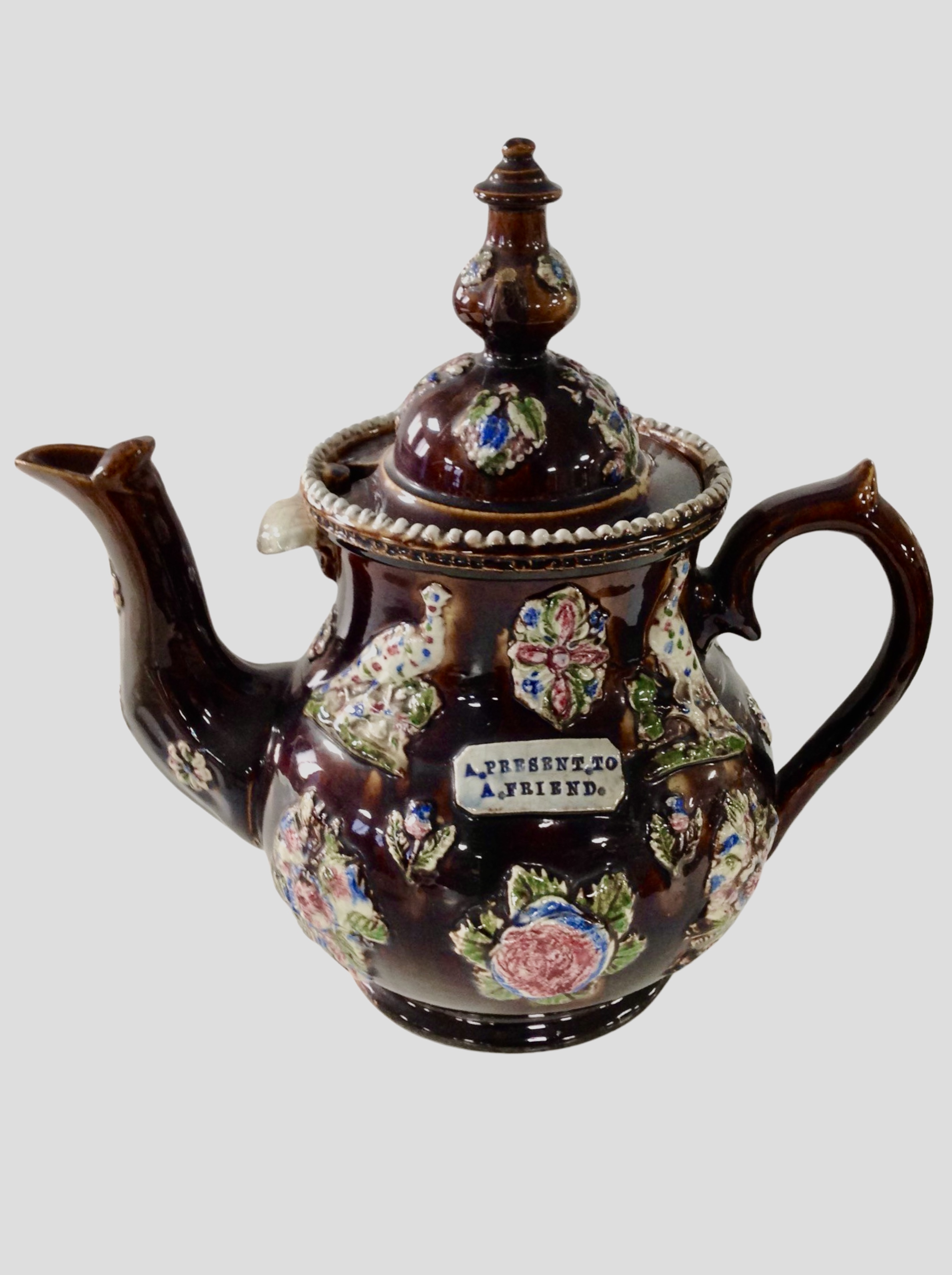A Victorian Barge ware teapot (lid restored), height 33cm.