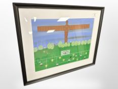 Gordon Barker : Football by the Angel of the North, oil painting, 39cm x 29cm.