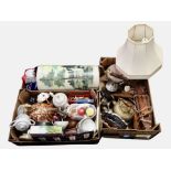 Two boxes containing ceramics, Wade Whimsies, miniature oriental table screen, brass kettles,