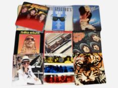 A group of vinyl LP records including the Beatles, Elton John, The Police, Stevie Wonder,